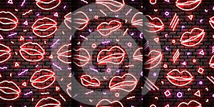 Vector set of realistic isolated neon sign of seamless pattern with lips for template decoration and invitation design on a seamle